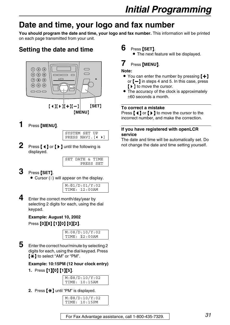 Initial programming, Date and time, your logo and fax number, Setting the date and time | Panasonic KX-FPG372 User Manual | Page 31 / 132