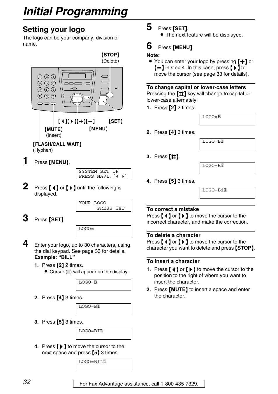 Initial programming, Setting your logo | Panasonic KX-FPG372 User Manual | Page 32 / 132