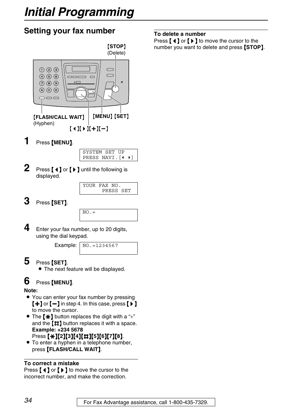 Initial programming, Setting your fax number | Panasonic KX-FPG372 User Manual | Page 34 / 132