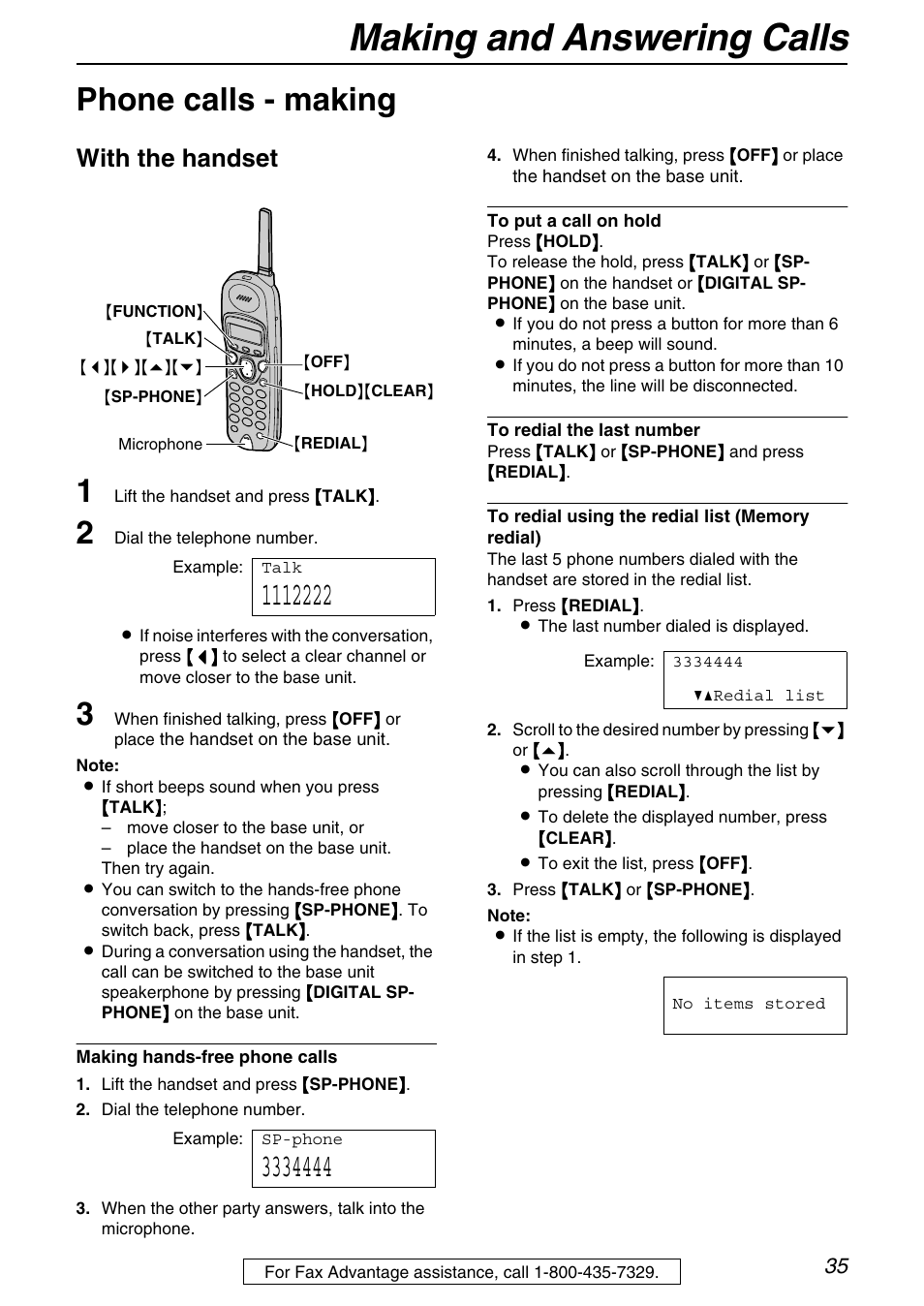 Telephone, Making and answering calls, Phone calls - making | With the handset | Panasonic KX-FPG372 User Manual | Page 35 / 132