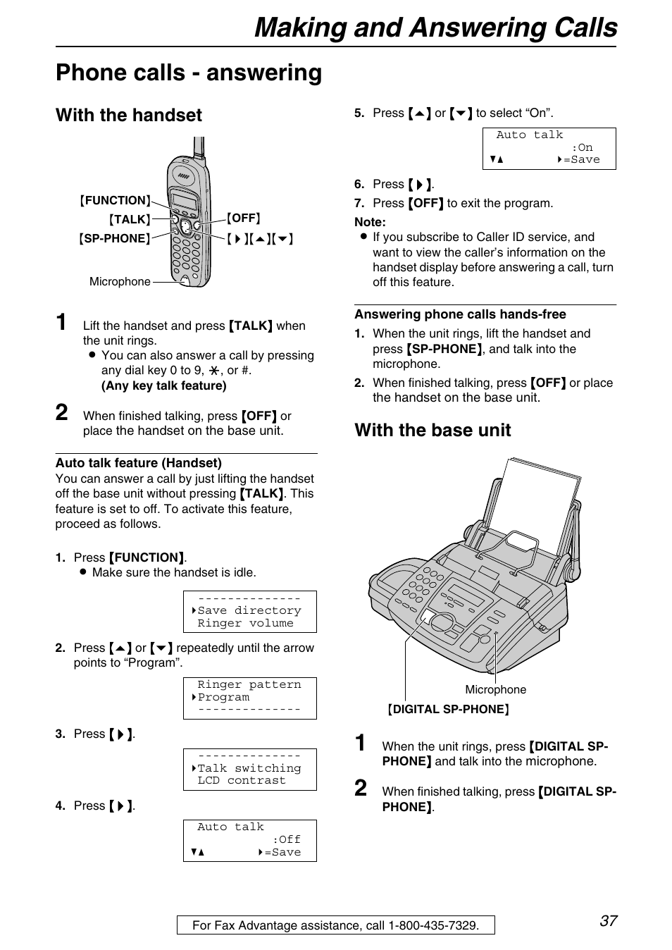 Making and answering calls, Phone calls - answering, With the handset | With the base unit | Panasonic KX-FPG372 User Manual | Page 37 / 132