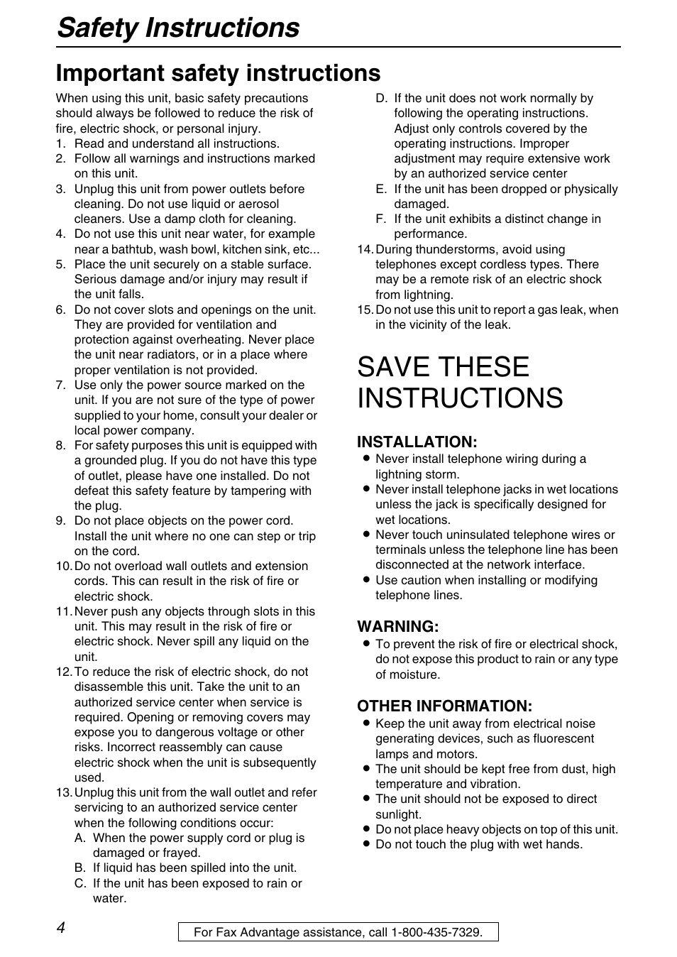 Safety instructions, Save these instructions, Important safety instructions | Installation, Warning, Other information | Panasonic KX-FPG372 User Manual | Page 4 / 132