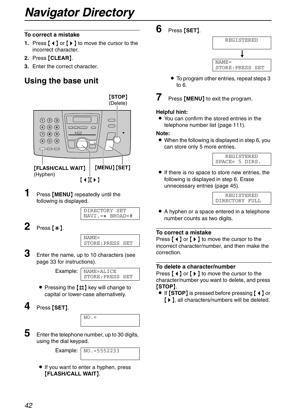 Navigator directory, Using the base unit | Panasonic KX-FPG372 User Manual | Page 42 / 132