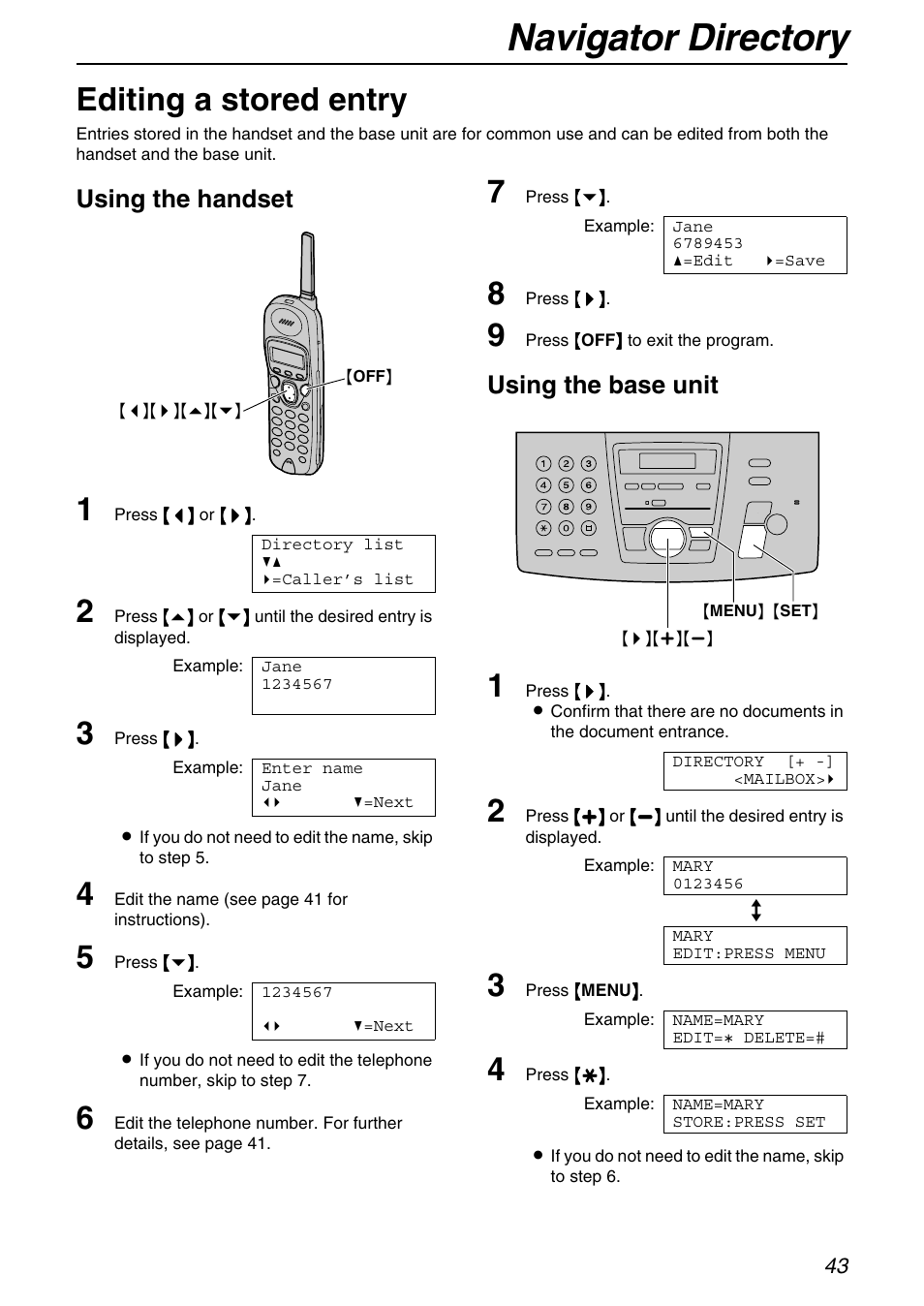 Navigator directory, Editing a stored entry, Using the handset | Using the base unit | Panasonic KX-FPG372 User Manual | Page 43 / 132