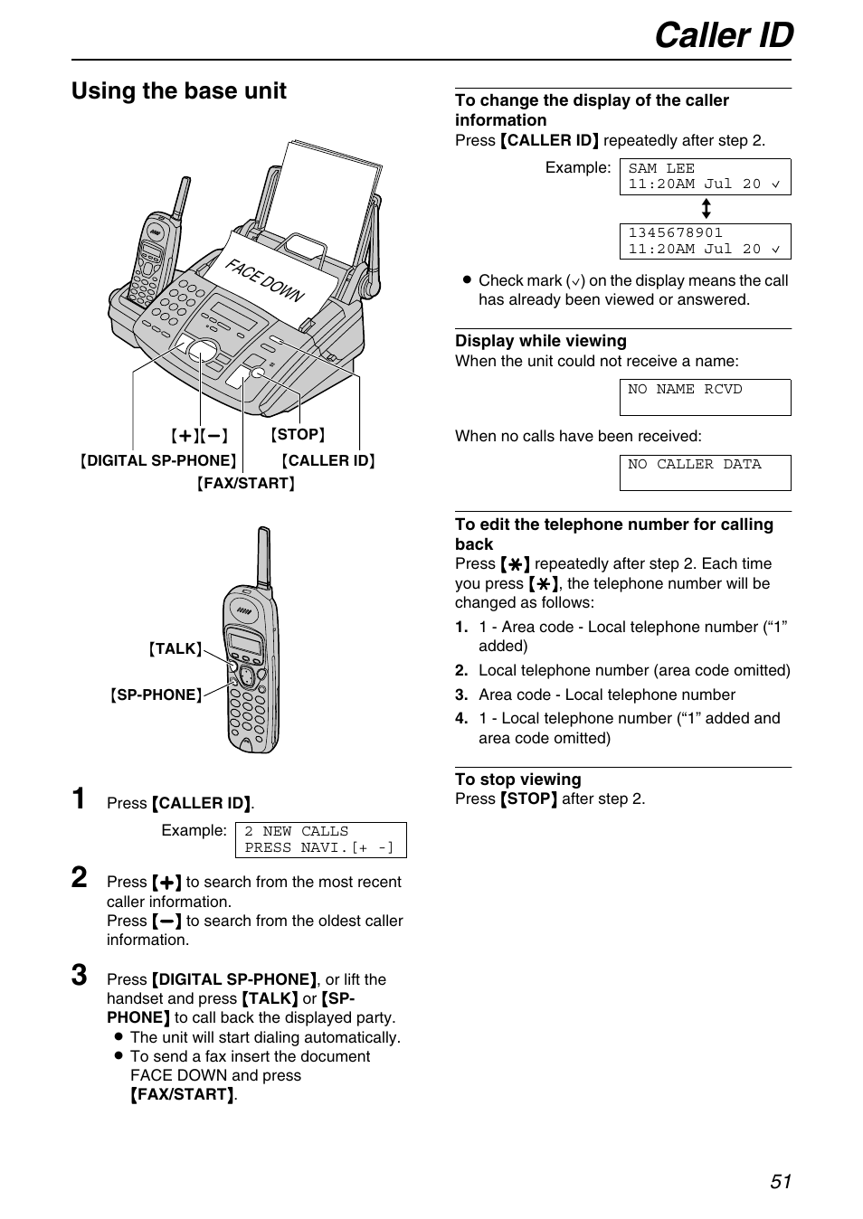 Caller id, Using the base unit | Panasonic KX-FPG372 User Manual | Page 51 / 132