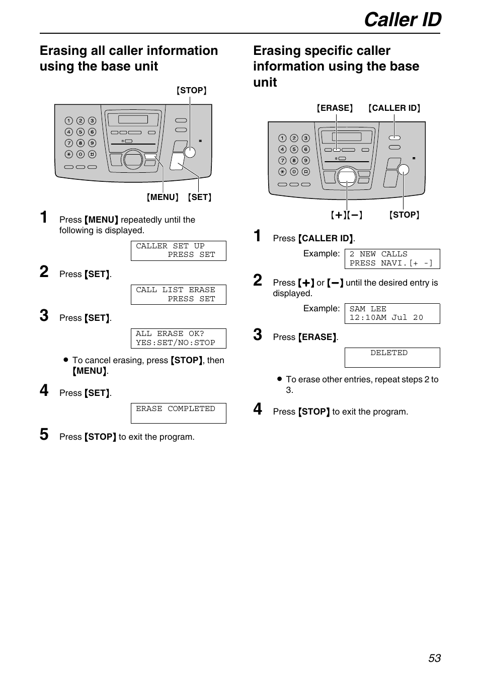 Caller id, Erasing all caller information using the base unit | Panasonic KX-FPG372 User Manual | Page 53 / 132