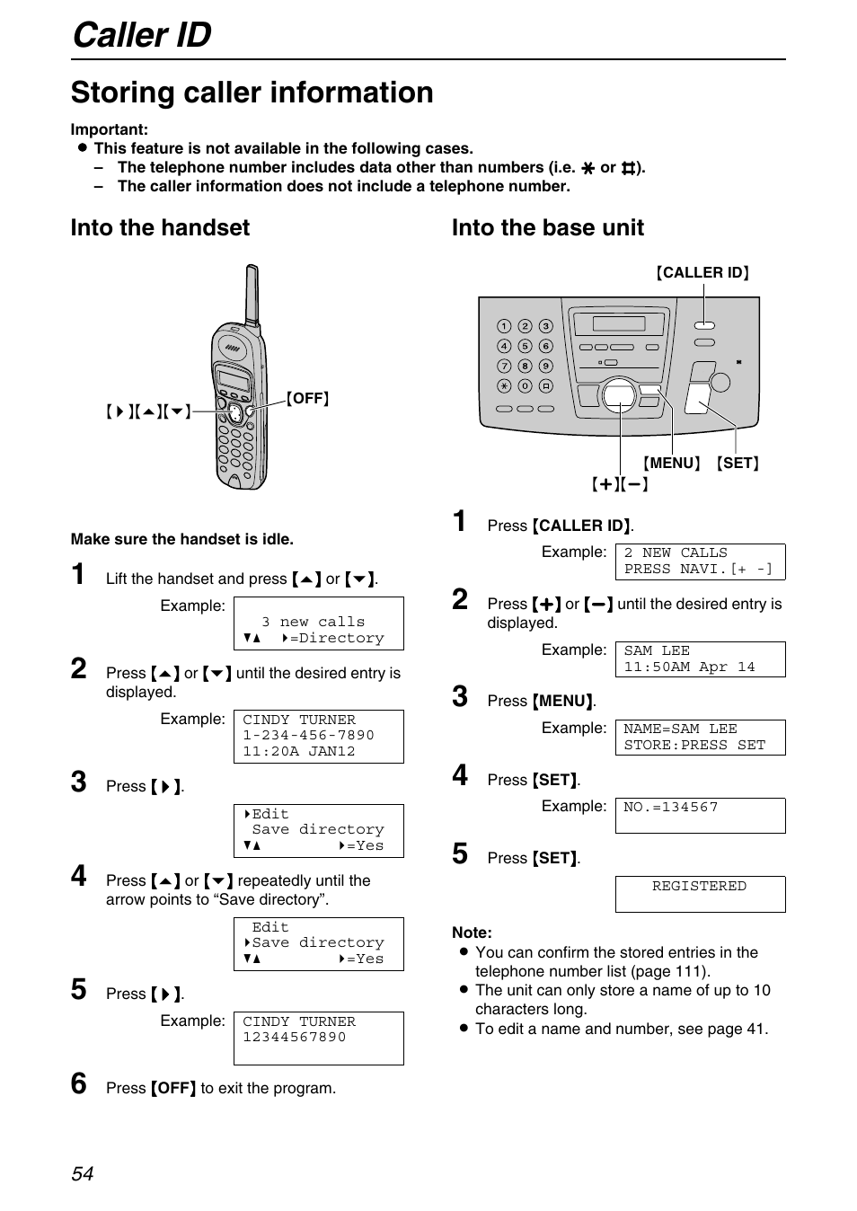 Caller id, Storing caller information, Into the handset | Into the base unit | Panasonic KX-FPG372 User Manual | Page 54 / 132