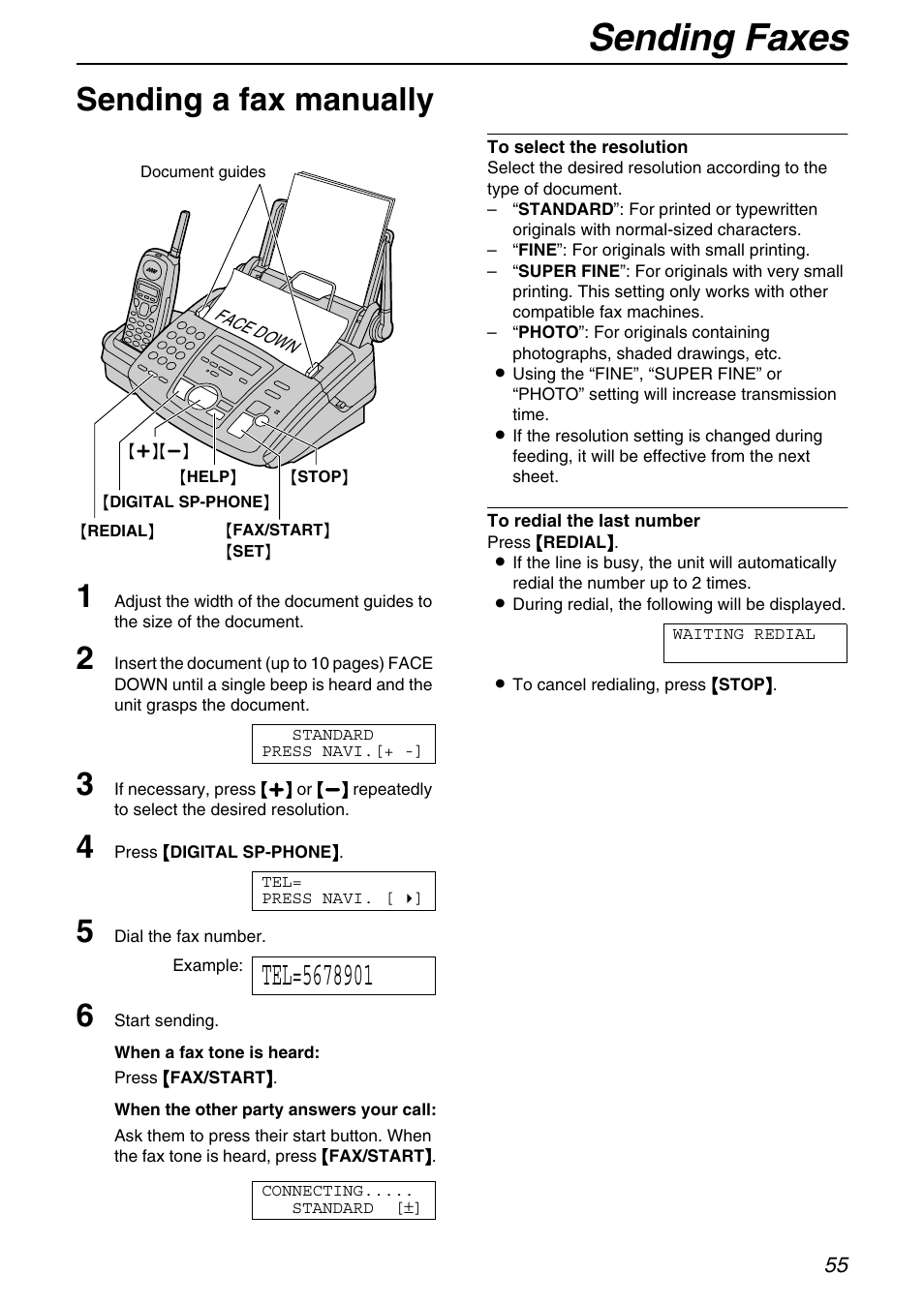 Sending faxes, Sending a fax manually 1 | Panasonic KX-FPG372 User Manual | Page 55 / 132