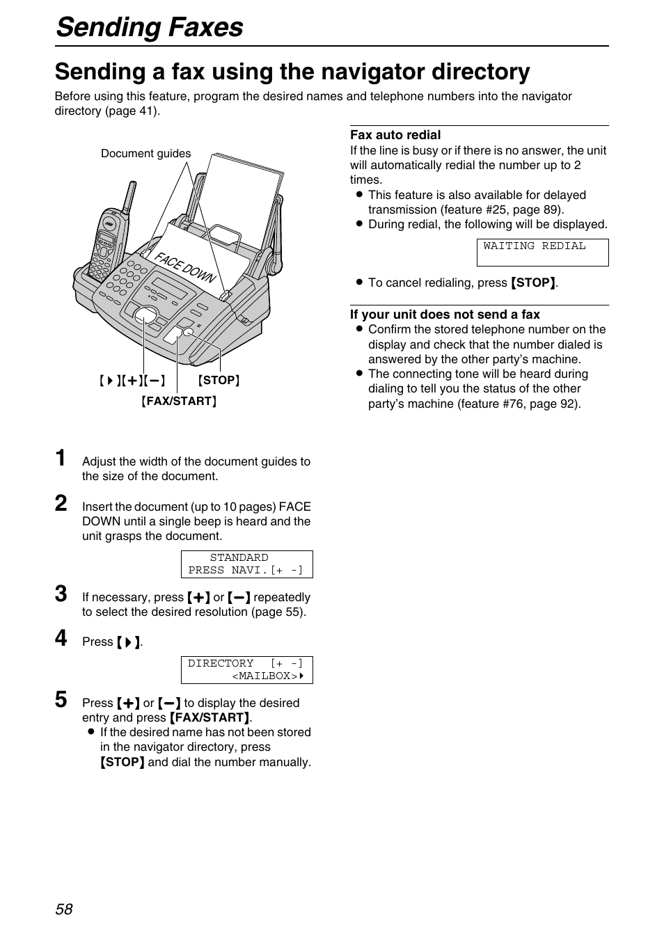 Sending faxes, Sending a fax using the navigator directory | Panasonic KX-FPG372 User Manual | Page 58 / 132