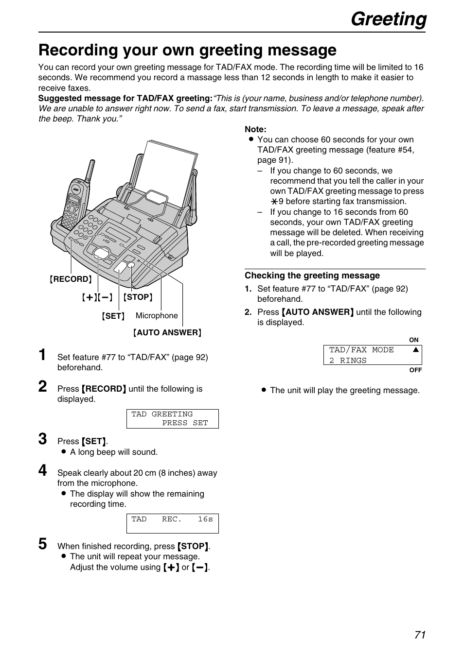 Answering device, Greeting, Recording your own greeting message | Panasonic KX-FPG372 User Manual | Page 71 / 132