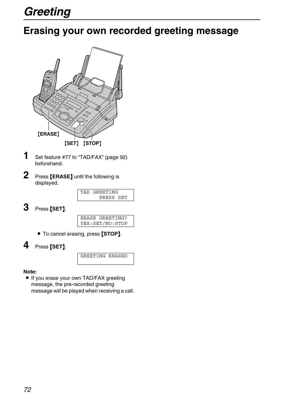 Greeting, Erasing your own recorded greeting message 1 | Panasonic KX-FPG372 User Manual | Page 72 / 132