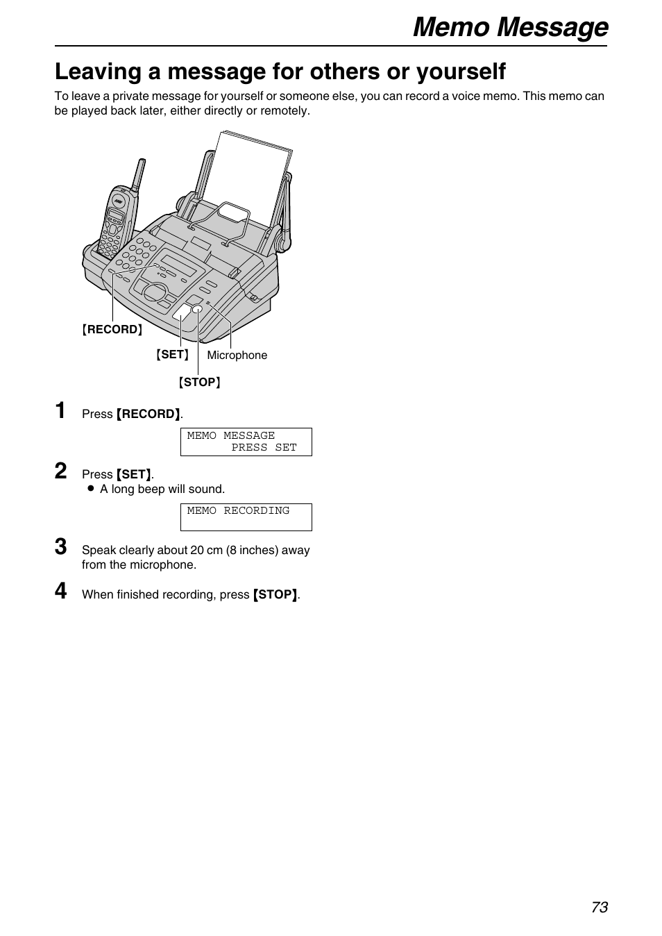 Memo message, Leaving a message for others or yourself | Panasonic KX-FPG372 User Manual | Page 73 / 132