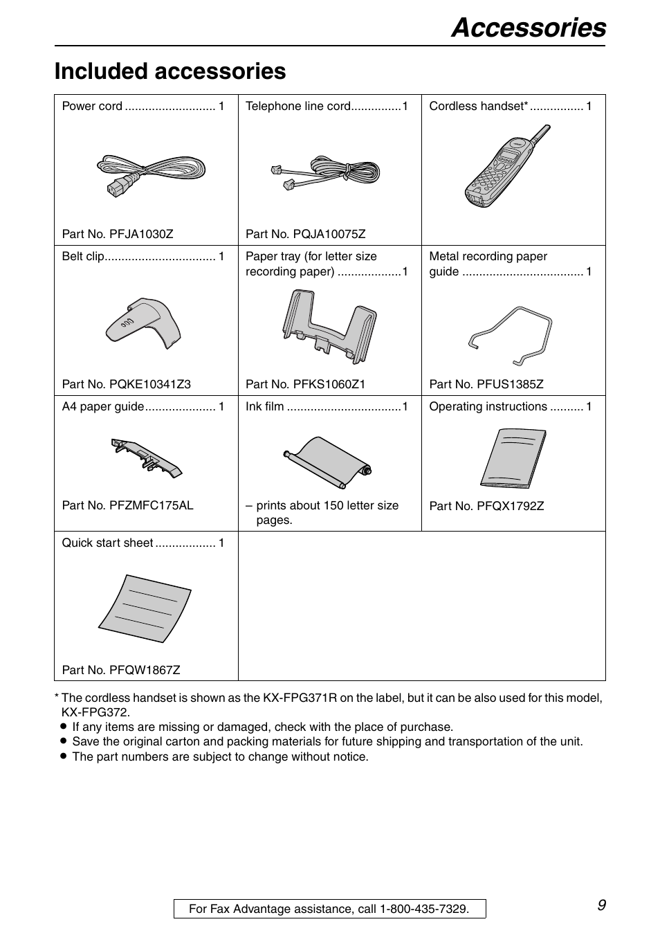 Initial preparation, Accessories, Included accessories | Panasonic KX-FPG372 User Manual | Page 9 / 132