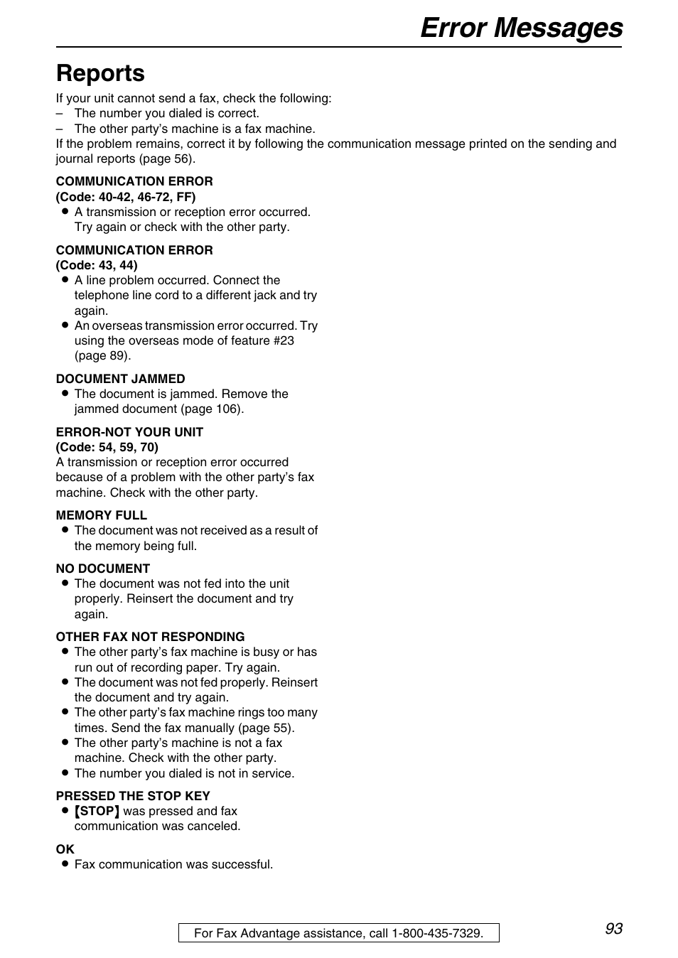 Help, Error messages, Reports | Panasonic KX-FPG372 User Manual | Page 93 / 132