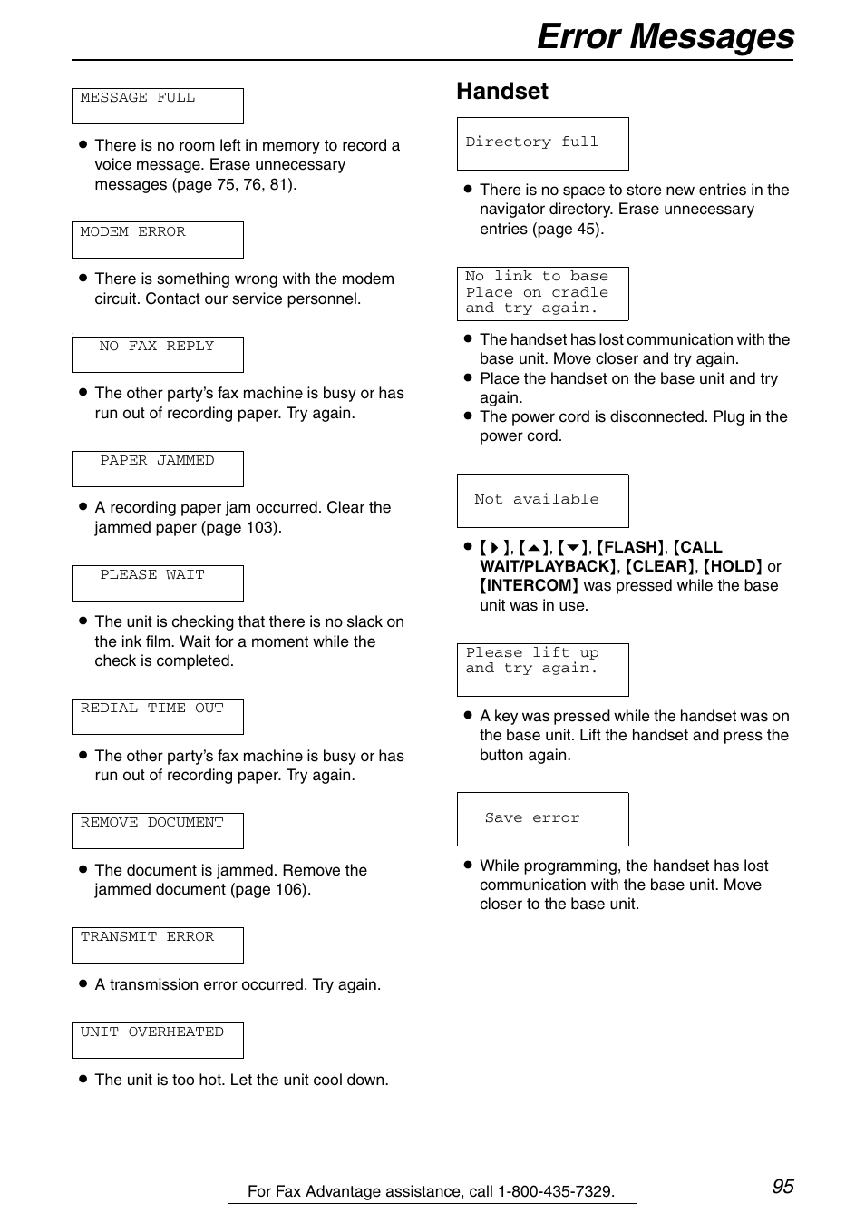 Error messages, Handset | Panasonic KX-FPG372 User Manual | Page 95 / 132