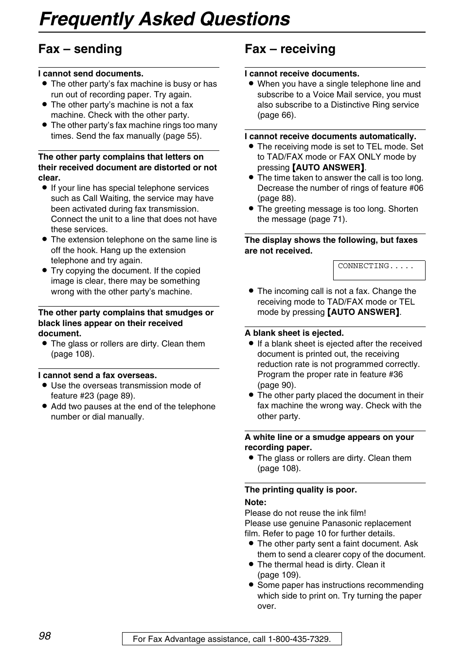 Frequently asked questions, Fax – sending, Fax – receiving | Panasonic KX-FPG372 User Manual | Page 98 / 132