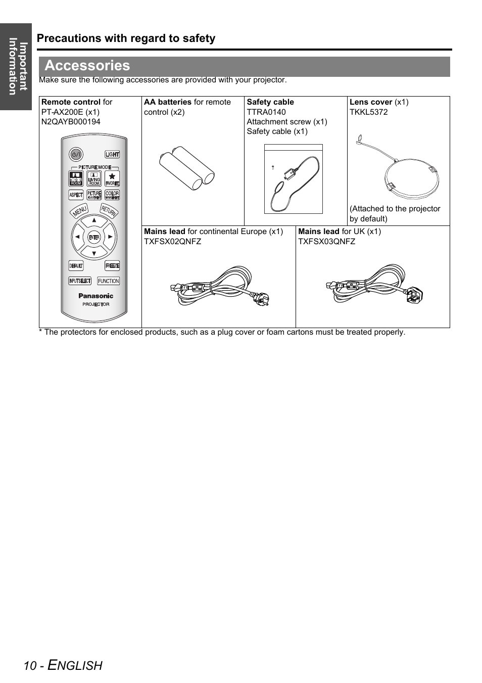 Accessories, Nglish | Panasonic PT-AX200E User Manual | Page 10 / 54