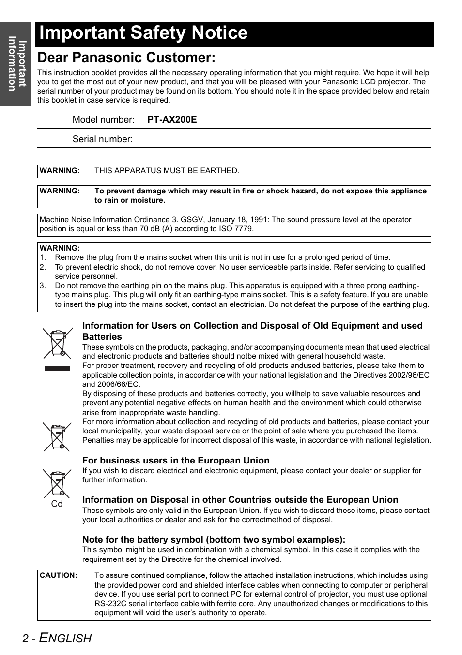 Important safety notice, Dear panasonic customer, Nglish | Panasonic PT-AX200E User Manual | Page 2 / 54