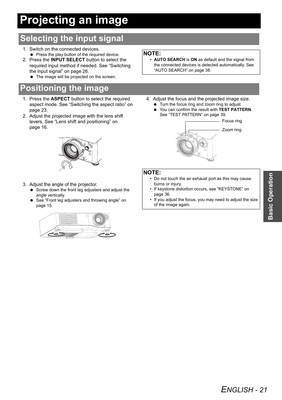 Projecting an image, Selecting the input signal, Positioning the image | Selecting the input signal positioning the image, Nglish - 21 | Panasonic PT-AX200E User Manual | Page 21 / 54