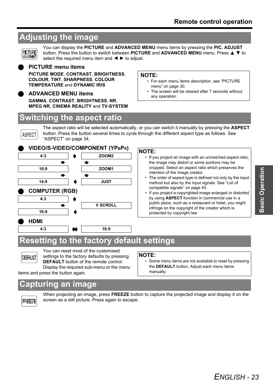 Adjusting the image, Switching the aspect ratio, Resetting to the factory default settings | Capturing an image, Nglish - 23, Remote control operation | Panasonic PT-AX200E User Manual | Page 23 / 54