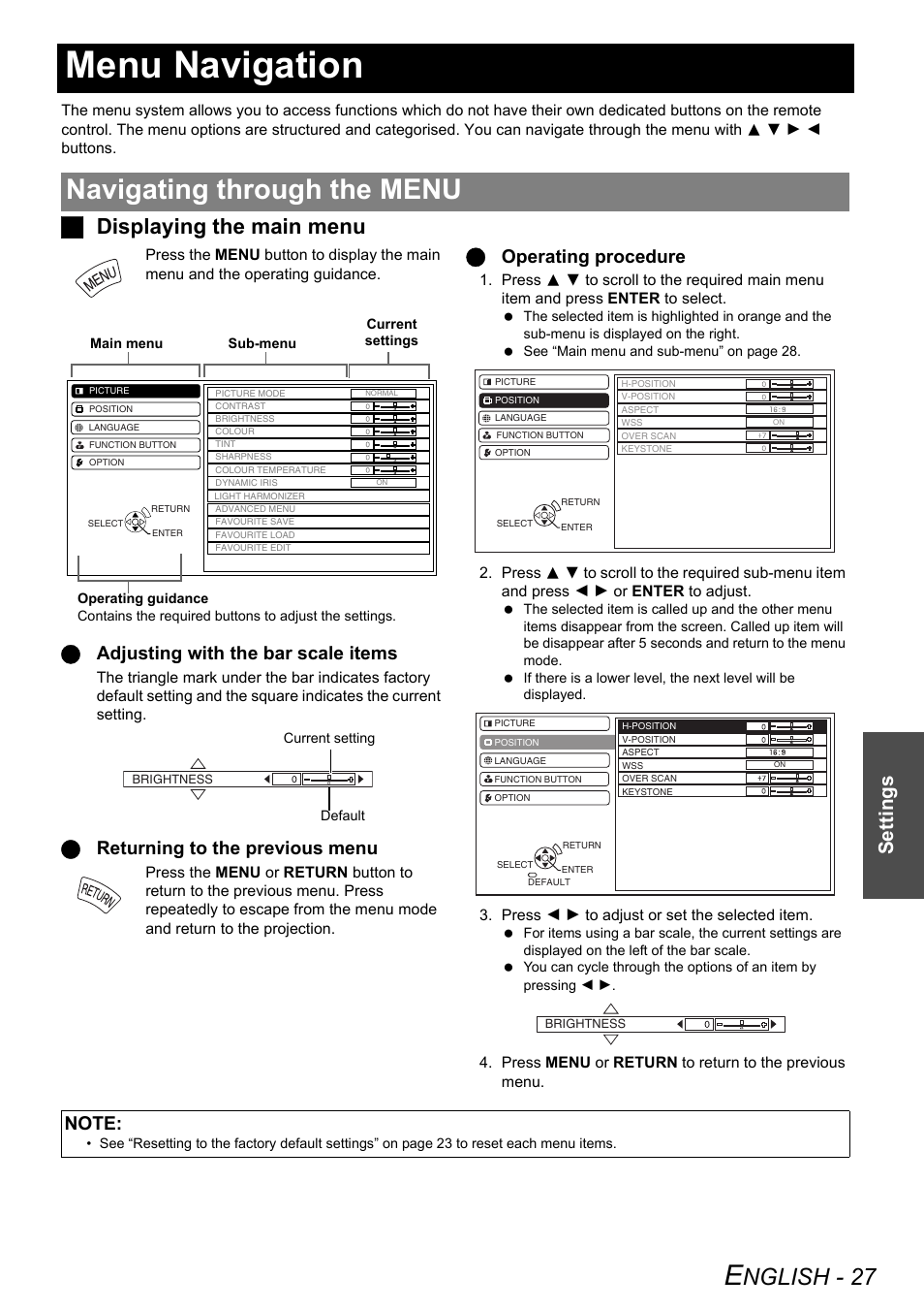 Menu navigation, Navigating through the menu, Nglish - 27 | Jdisplaying the main menu, Settings, Qadjusting with the bar scale items, Qreturning to the previous menu, Qoperating procedure | Panasonic PT-AX200E User Manual | Page 27 / 54