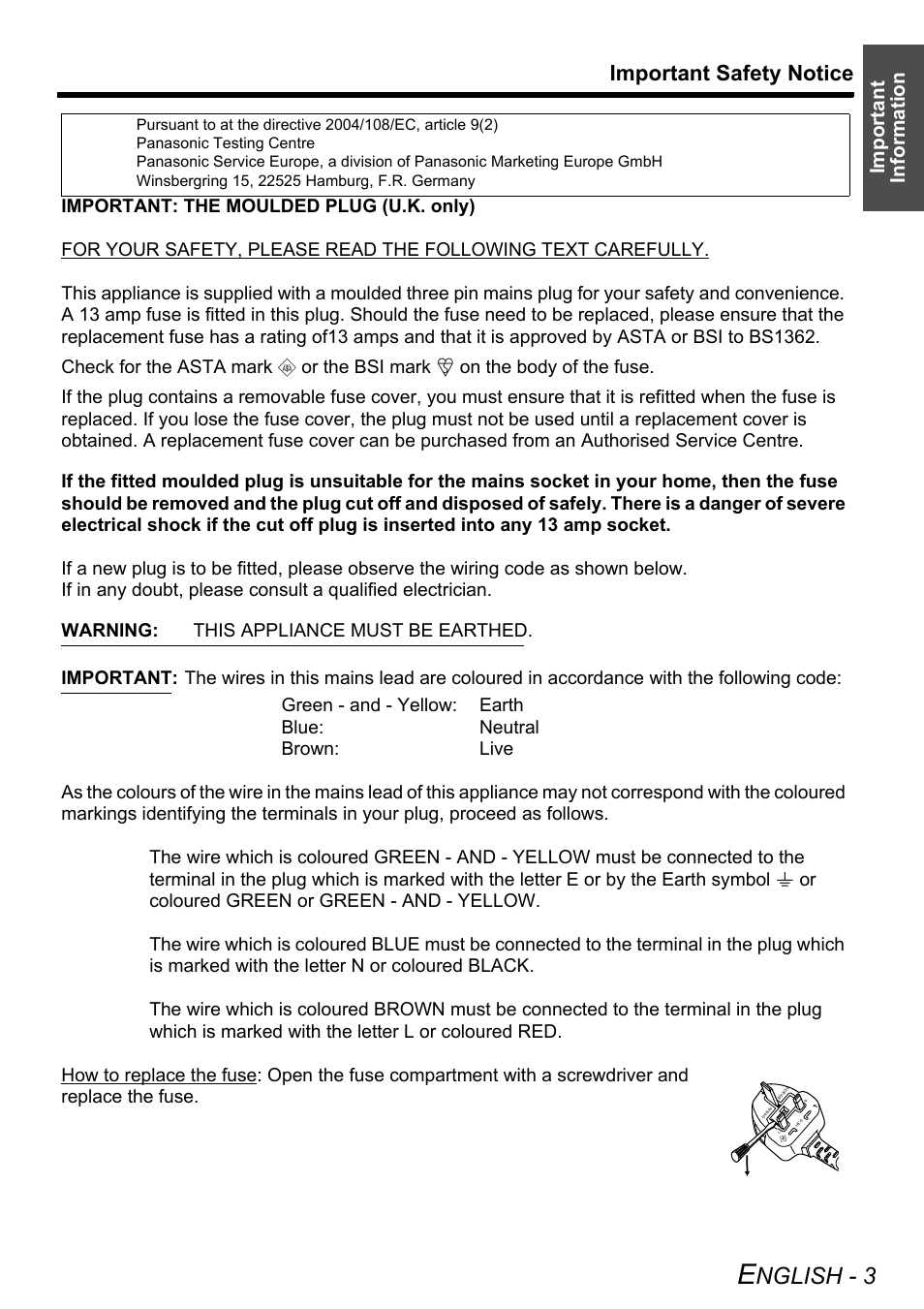 Nglish - 3, Important safety notice, Important information | Panasonic PT-AX200E User Manual | Page 3 / 54