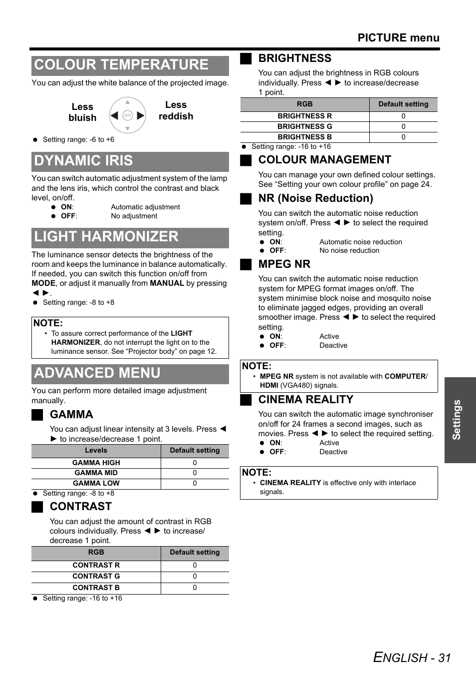 Colour temperature, Dynamic iris, Light harmonizer | Advanced menu, Colour temperature dynamic iris light harmonizer, Nglish - 31, Picture menu, Jgamma, Jcontrast, Jbrightness | Panasonic PT-AX200E User Manual | Page 31 / 54