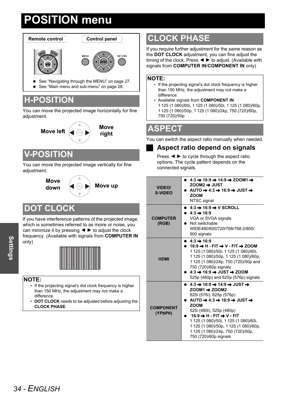 Position menu, H-position, V-position | Dot clock, Clock phase, Aspect, H-position v-position dot clock clock phase aspect, H-position v-position dot clock, Nglish, Jaspect ratio depend on signals | Panasonic PT-AX200E User Manual | Page 34 / 54