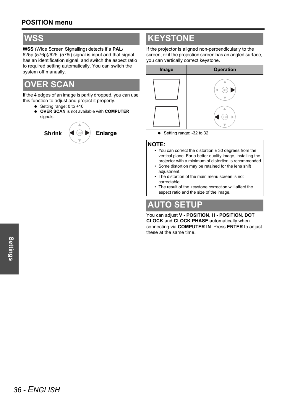 Over scan, Keystone, Auto setup | Wss over scan keystone auto setup, Tion occurs, see “keystone” on, Wss over scan, Nglish, Position menu | Panasonic PT-AX200E User Manual | Page 36 / 54