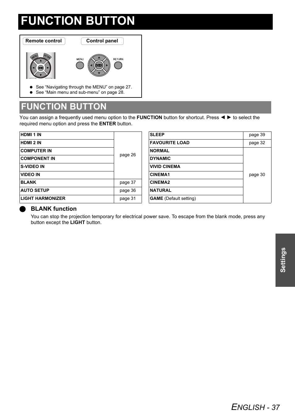 Function button, Nglish - 37, Settings | Panasonic PT-AX200E User Manual | Page 37 / 54