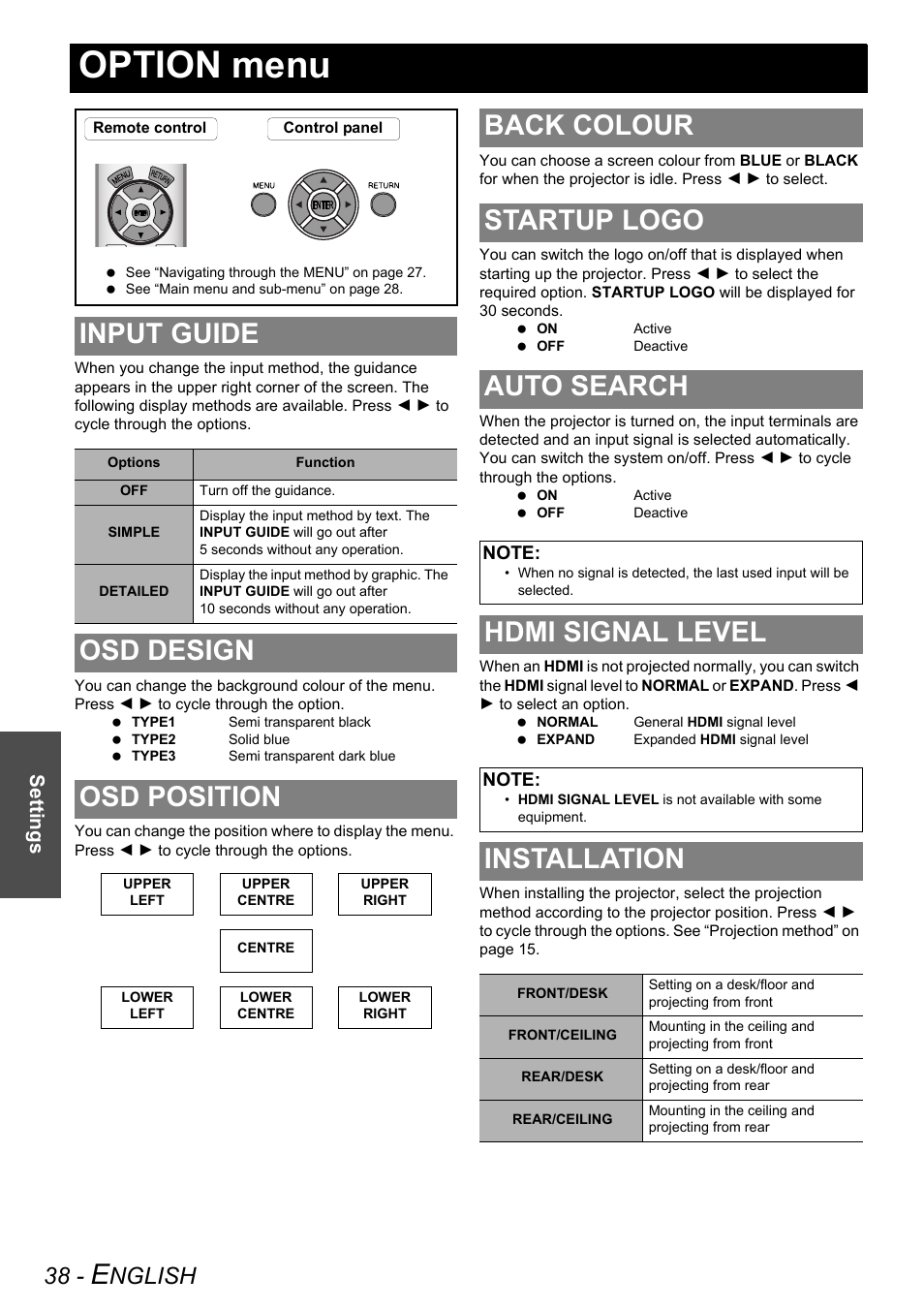 Option menu, Input guide, Osd design | Osd position, Back colour, Startup logo, Auto search, Hdmi signal level, Installation, Osd design osd position | Panasonic PT-AX200E User Manual | Page 38 / 54