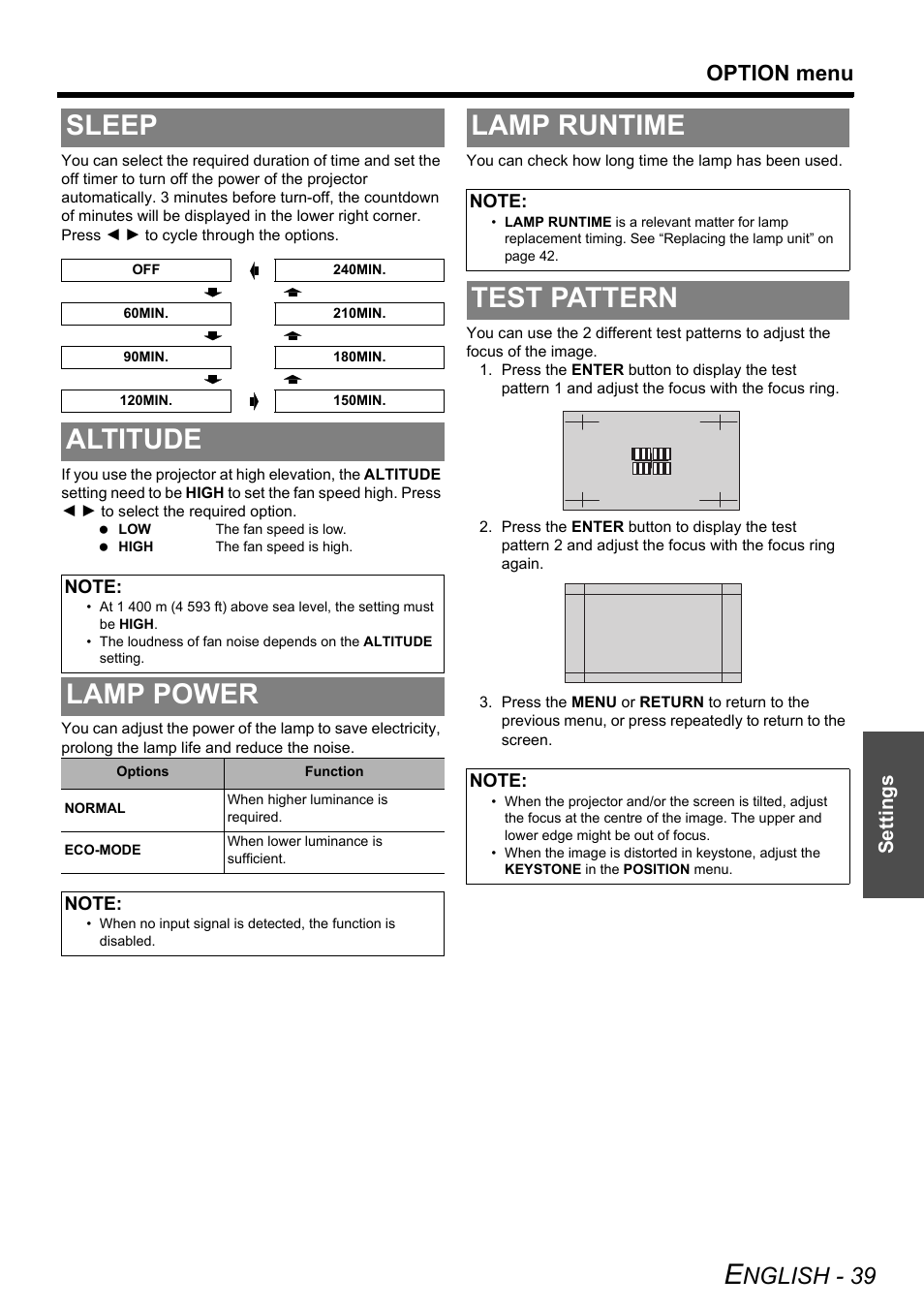 Sleep, Altitude, Lamp power | Lamp runtime, Test pattern, Nglish - 39, Option menu, Settings | Panasonic PT-AX200E User Manual | Page 39 / 54