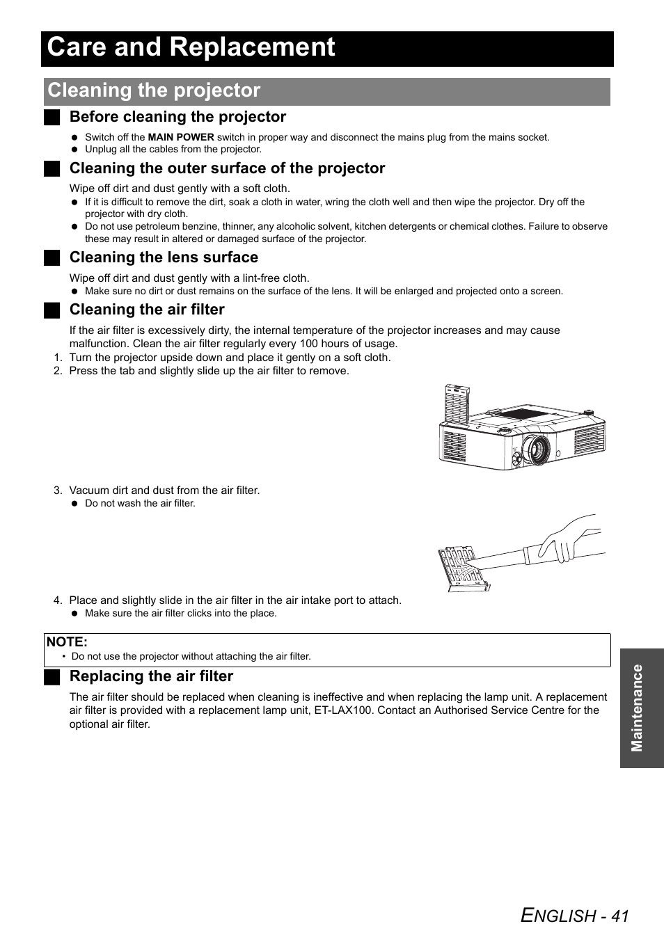 Care and replacement, Cleaning the projector, Nglish - 41 | Jbefore cleaning the projector, Jcleaning the outer surface of the projector, Jcleaning the lens surface, Jcleaning the air filter, Jreplacing the air filter | Panasonic PT-AX200E User Manual | Page 41 / 54