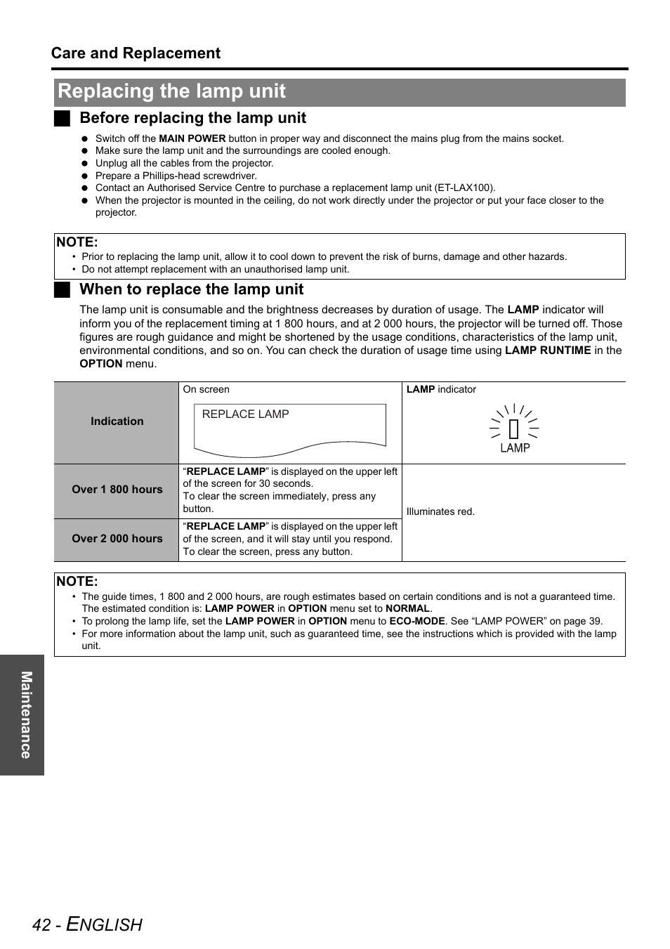 Replacing the lamp unit, Nglish, Care and replacement | Jbefore replacing the lamp unit, Jwhen to replace the lamp unit | Panasonic PT-AX200E User Manual | Page 42 / 54