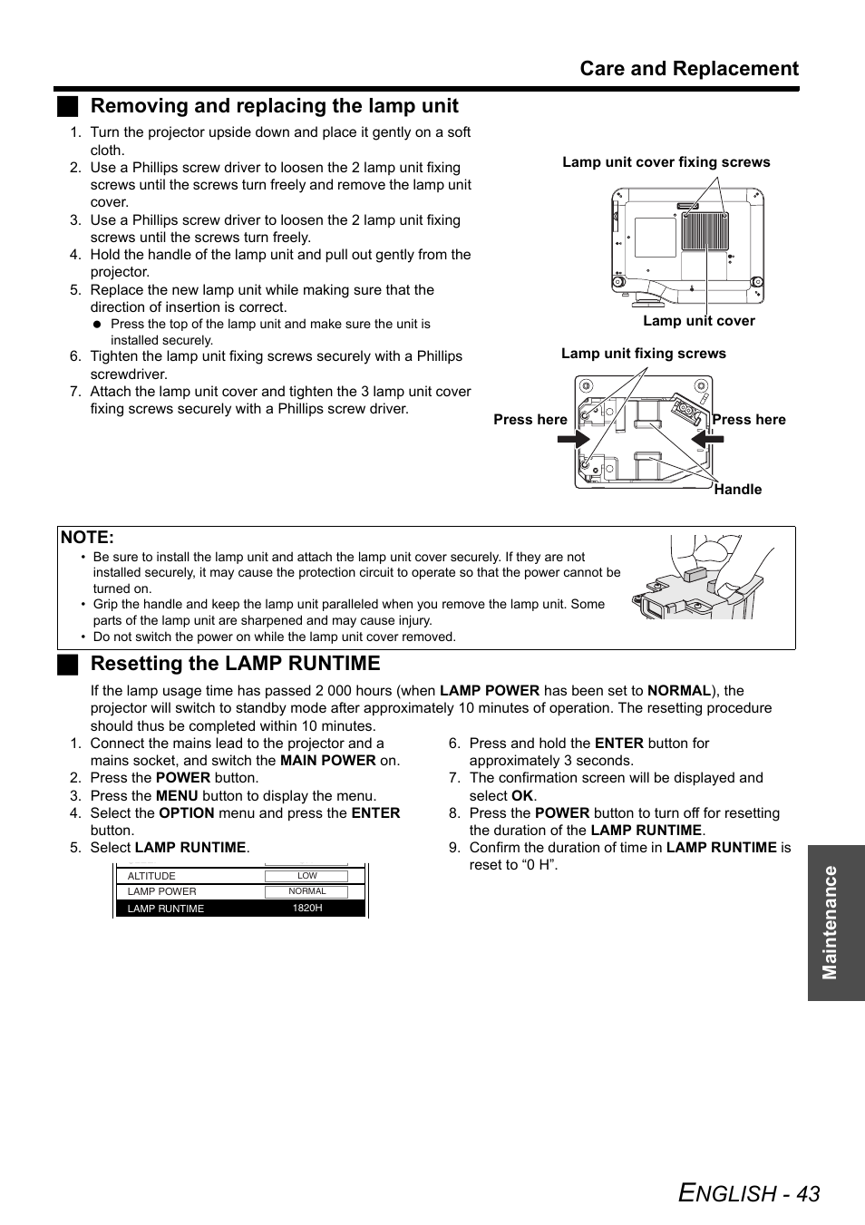 Nglish - 43, Care and replacement, Jremoving and replacing the lamp unit | Jresetting the lamp runtime, Maintenance | Panasonic PT-AX200E User Manual | Page 43 / 54