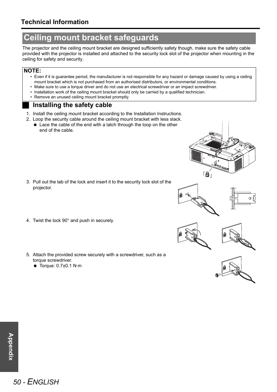 Ceiling mount bracket safeguards, Nglish, Technical information | Jinstalling the safety cable | Panasonic PT-AX200E User Manual | Page 50 / 54