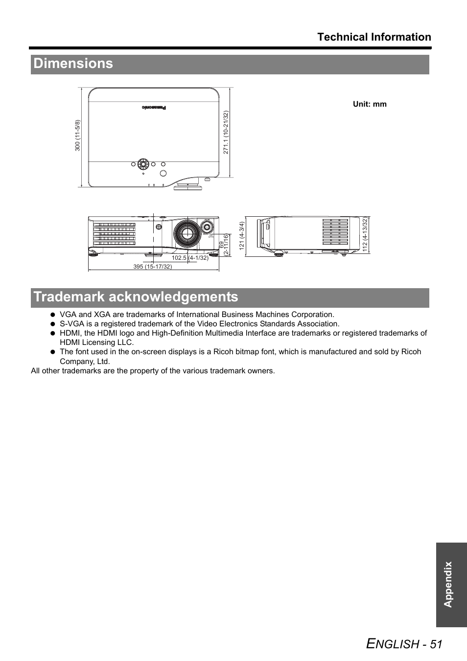 Dimensions, Trademark acknowledgements, Dimensions trademark acknowledgements | Nglish - 51, Technical information, Appendix | Panasonic PT-AX200E User Manual | Page 51 / 54