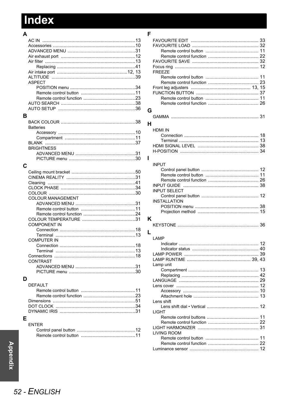 Index, Nglish, Appendix | Panasonic PT-AX200E User Manual | Page 52 / 54