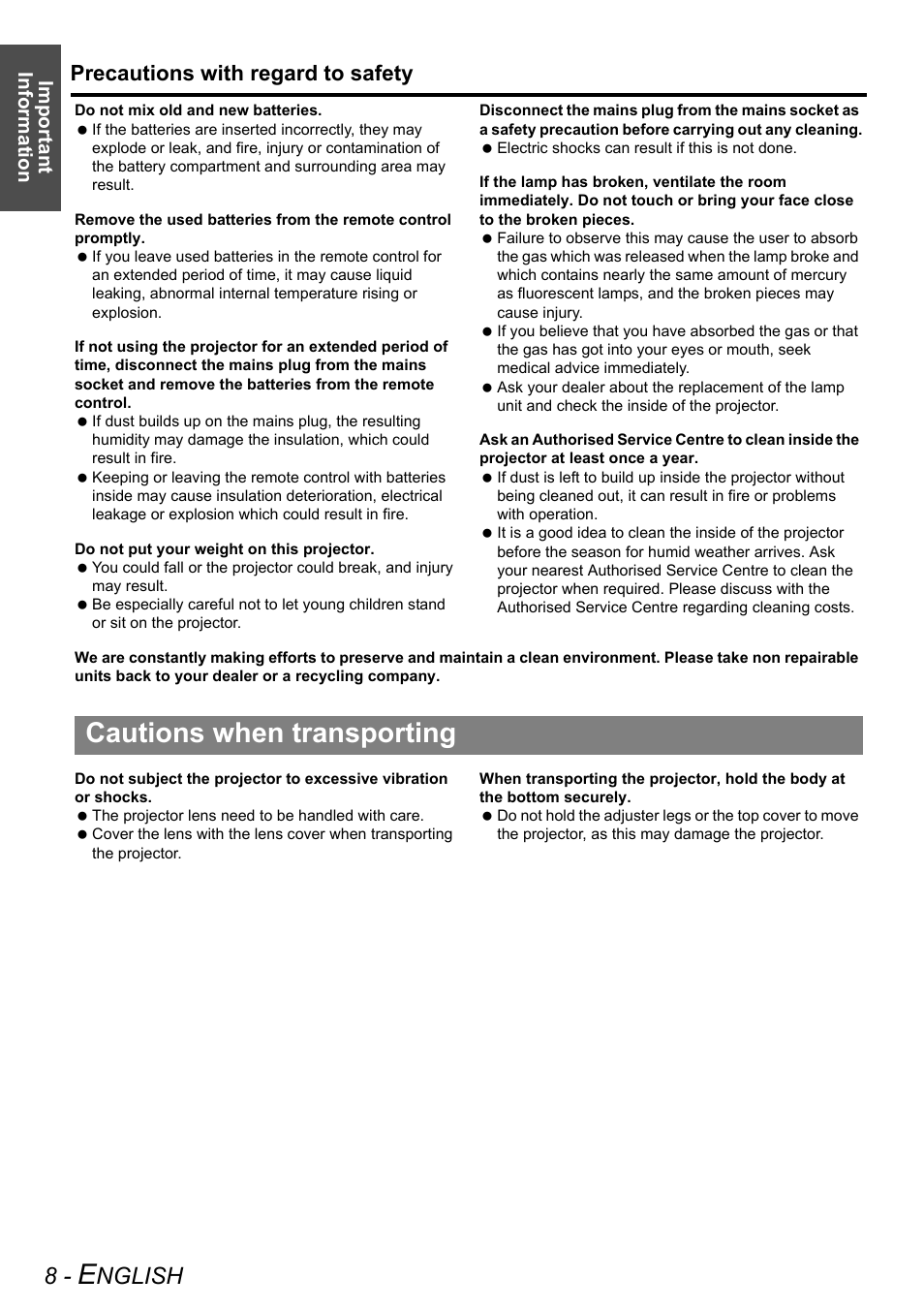 Cautions when transporting, Nglish, Precautions with regard to safety | Panasonic PT-AX200E User Manual | Page 8 / 54