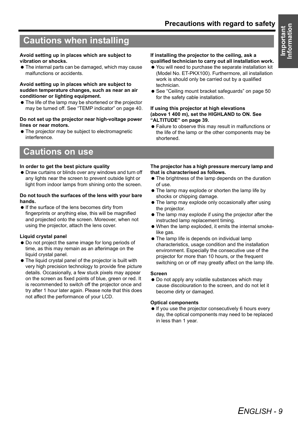 Cautions when installing, Cautions on use, Cautions when installing cautions on use | Nglish - 9, Precautions with regard to safety, Important information | Panasonic PT-AX200E User Manual | Page 9 / 54