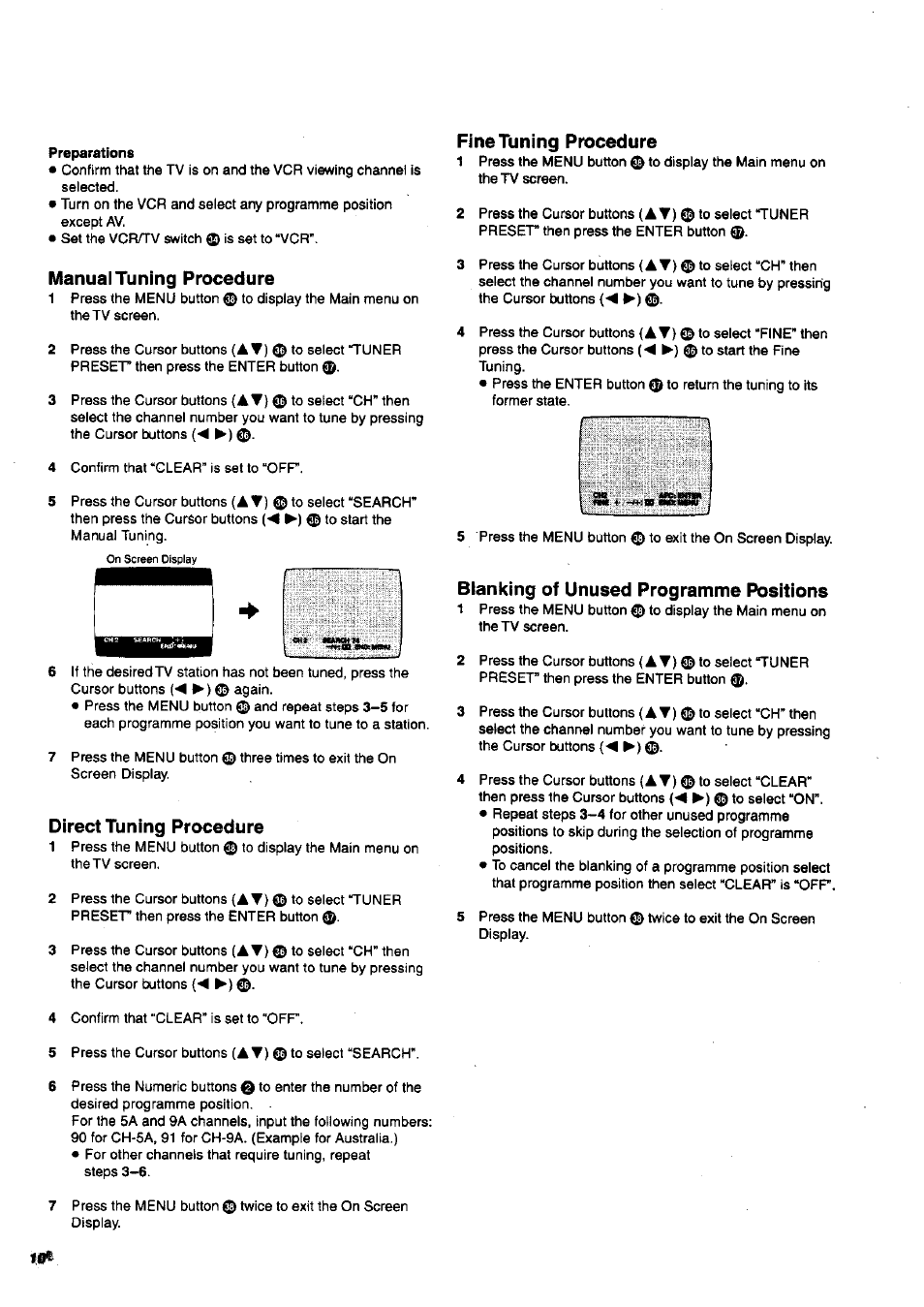 Preparations, Manual tuning procedure, Direct tuning procedure | Fine tuning procedure, Blanking of unused programme positions | Panasonic NV-SJ200 User Manual | Page 10 / 30