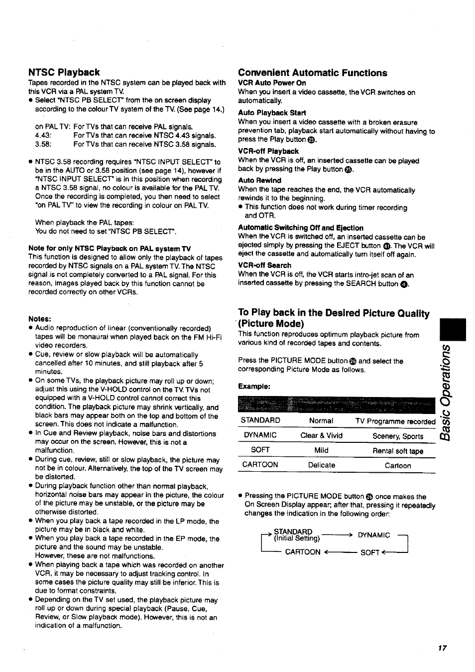 Ntsc playback, Note for only ntsc playback on pal system tv, Notes | Convenient automatic functions, Auto rewind | Panasonic NV-SJ200 User Manual | Page 17 / 30