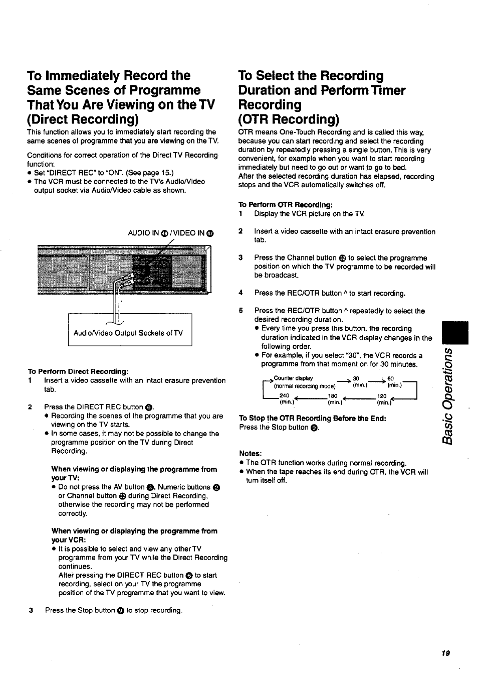 To perform direct recording, To perform otr recording, To stop the otr recording before the end | Notes | Panasonic NV-SJ200 User Manual | Page 19 / 30