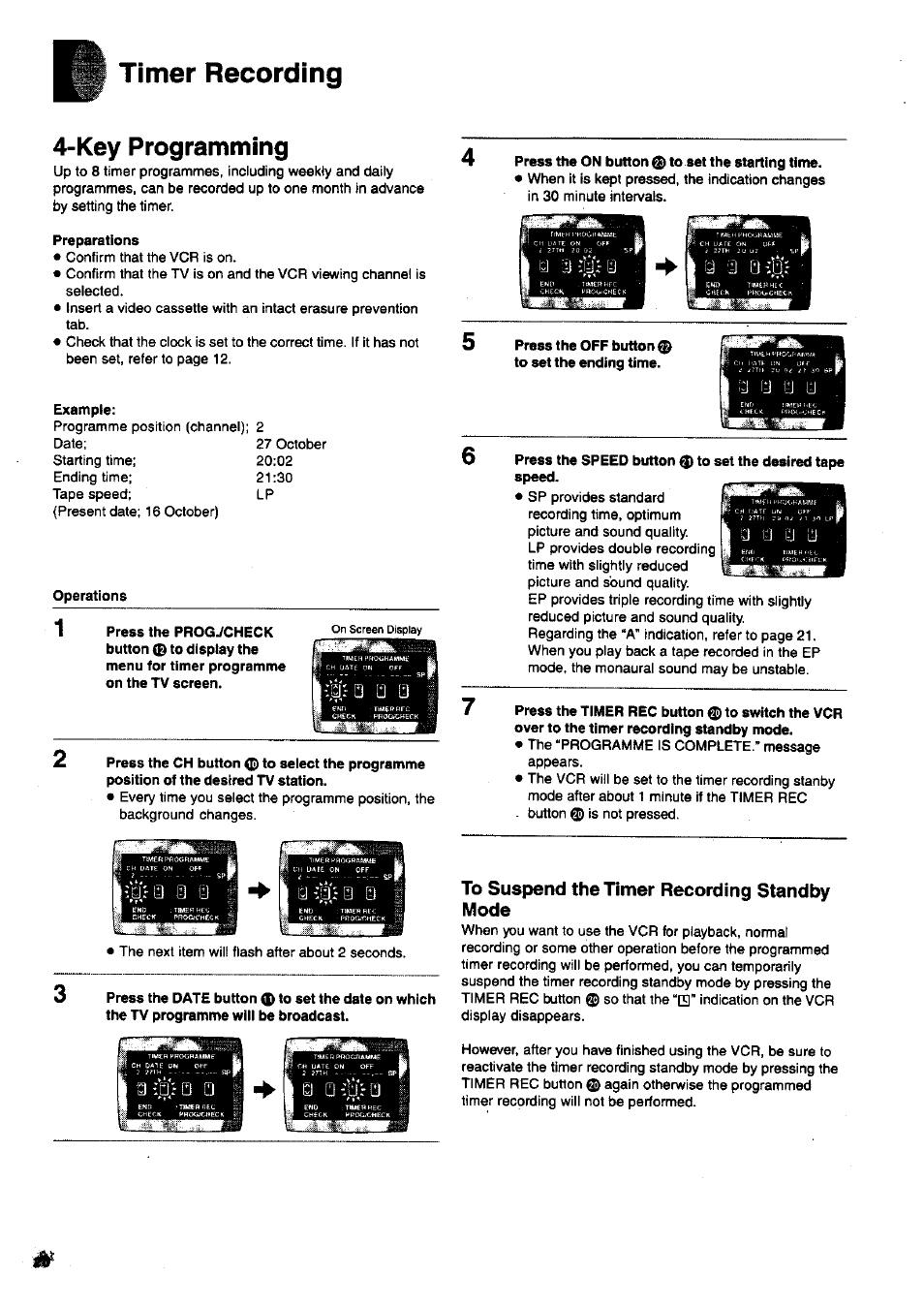 Timer recording, Key programming, To suspend the timer recording standby mode | Panasonic NV-SJ200 User Manual | Page 20 / 30