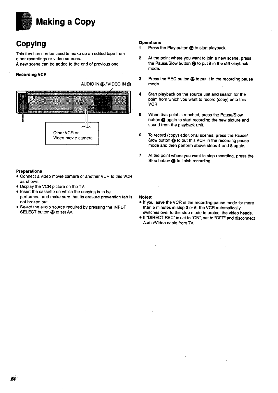 Making a copy, Copying, Recording vcr | Operations, Preparations, Notes | Panasonic NV-SJ200 User Manual | Page 24 / 30