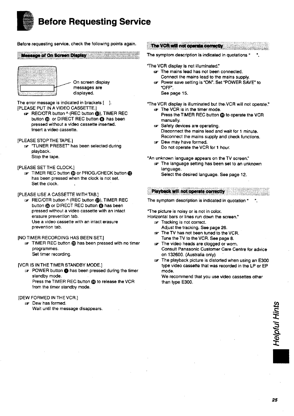 Before requesting service, On screen display | Panasonic NV-SJ200 User Manual | Page 25 / 30
