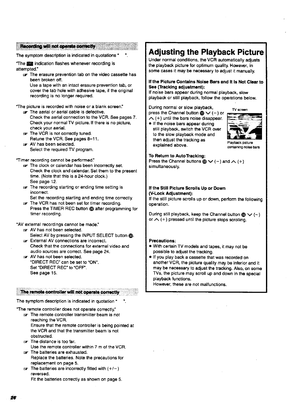 Adjusting the playback picture, To return to auto tracking, Precautions | Panasonic NV-SJ200 User Manual | Page 26 / 30