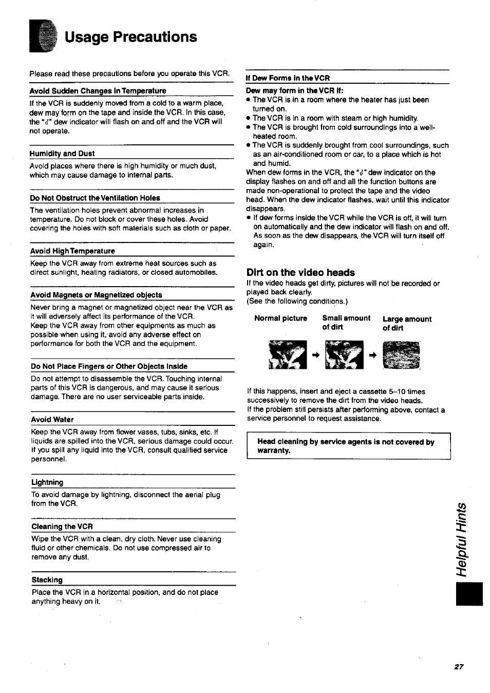 Usage precautions, Dirt on the video heads | Panasonic NV-SJ200 User Manual | Page 27 / 30