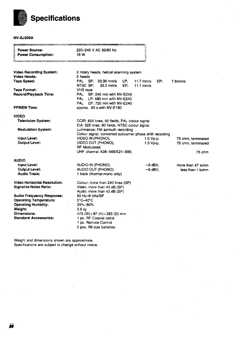 Specifications | Panasonic NV-SJ200 User Manual | Page 28 / 30