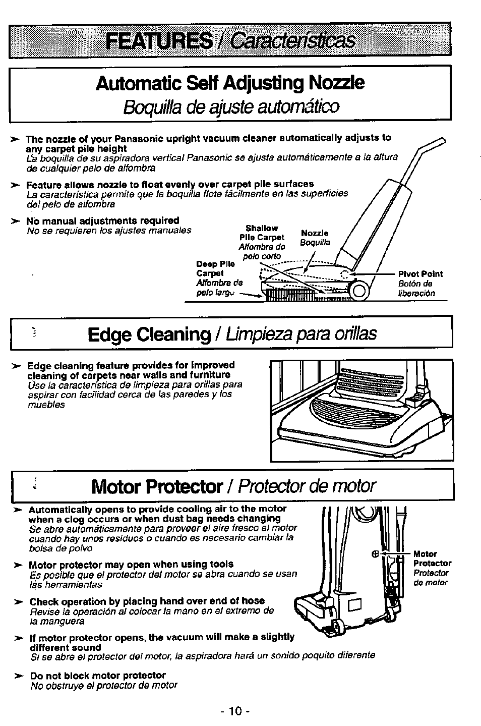 Automate self adjusting nozzle, Edge cleaning, Boquilla de ajuste automático | Motor protector / protector de motor, Limpieza pata orillas, Shallow pila carpet, Deep pite carpet | Panasonic MC-V5746 User Manual | Page 10 / 24